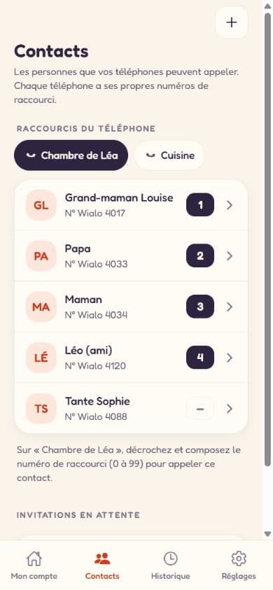 Écran Contacts de l’application Wialo : proches autorisés et raccourcis pour chaque téléphone