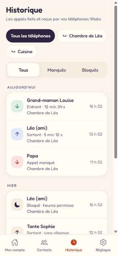 Écran Historique de Wialo : appels entrants, sortants, manqués et bloqués