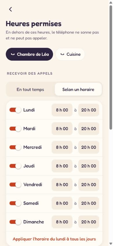 Écran des heures permises dans Wialo : horaires des appels du téléphone